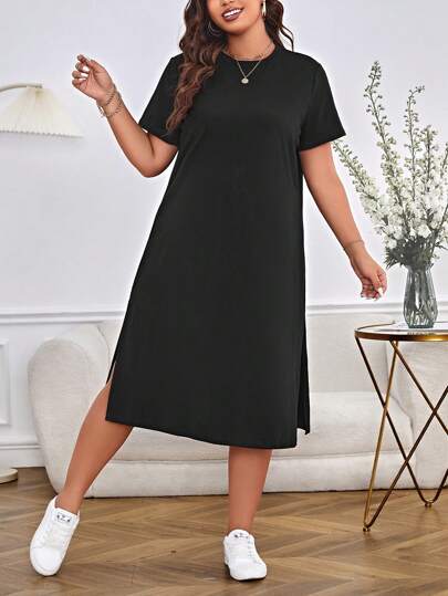 Shapeblank Plus Solid Split Thigh Tee Dress