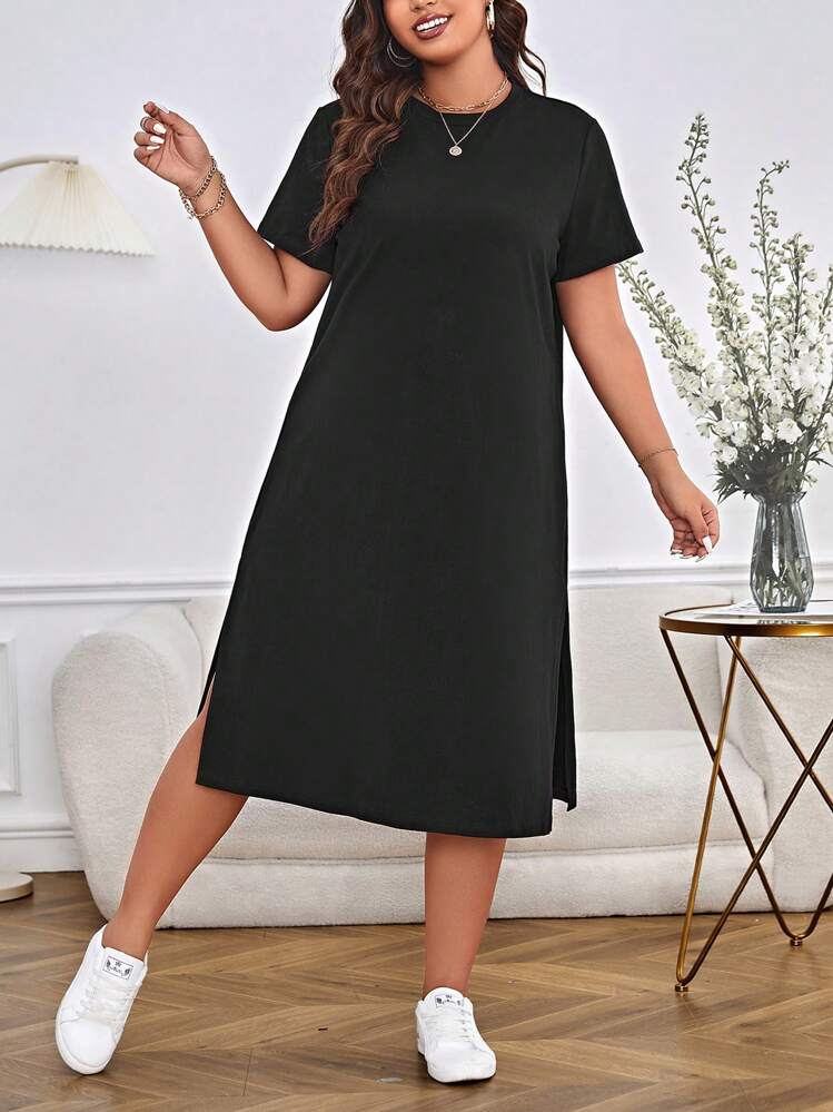 SHEIN Essnce 大碼素色高衩T恤洋裝 - 黑色 - 查看 3