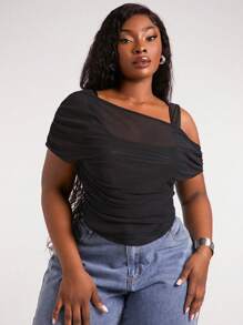 SHEIN SXY 大码女式时尚街头时尚修身弹力涂层皮革和网眼分层褶皱短 T 恤，适合日常穿着、西部装、邮轮装、音乐节、音乐会、狂欢派对、海滩度假、约会之夜、生日、单身派对、俱乐部、可爱、休闲、购物、街头服饰、外出，易于搭配且看起来苗条，凸显身材，修饰身材 - 黑色 - 查看 6