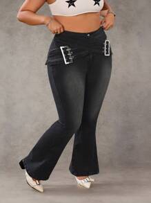 SHEIN ICON Plus Size Women Flare Jeans, Casual, Suitable For Summer - Black - View 3
