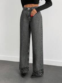 EURMUSE HIGH RISE SLANT POCKET WIDELEG JEAN WITH LEOPARD - Light Grey - View 1