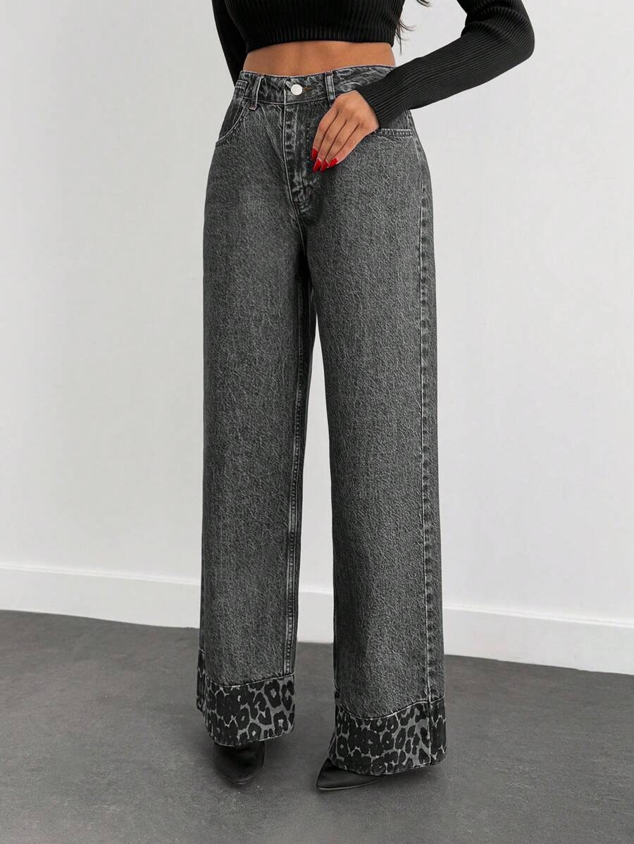 EURMUSE HIGH RISE SLANT POCKET WIDELEG JEAN WITH LEOPARD - Light Grey - View 1