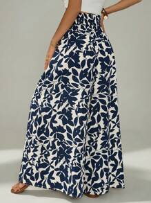 SHEIN PETITE 女式高腰口袋褶皱阔腿度假植物印花裤 - 藍白色 - 查看 2
