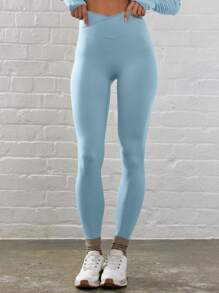 Musera Sport 交叉腰部修身塑形运动紧身裤 夏季跑步健身房日常健身瑜伽普拉提休闲 - 淺藍色 - 查看 2