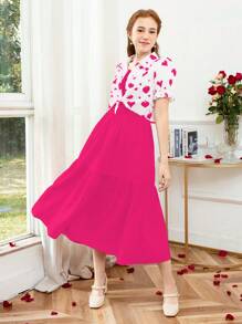SHEIN 2pcs Heart Print Cami Dress Set For Teen Girls, Valentine's Day