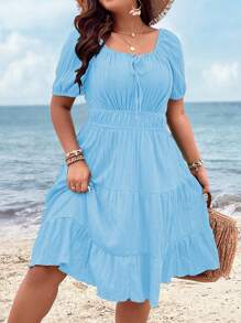SHEIN Clasi Plus Size damska prosta prosta codzienna sukienka z krótkim rękawem, na Boże Narodzenie bordowy kolor damski strój - Jasnoniebieski - Zobacz 5