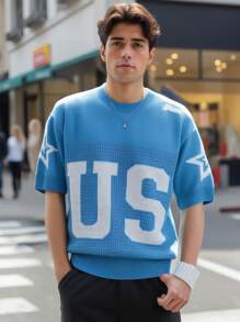 Manfinity Homme 男士休闲数字图案圆领短袖针织上衣 - 藍色 - 查看 2