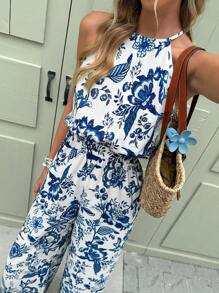 SHEIN Frenchy Women's Simple Blue Celadon Print Hanging Neck Fashion Long Jumpsuit For Summer And Vacation Wear Summer Outfits For Women Vacation Outfits Women Beach Outfits For Woman Bodysuits For Women Boho Women Clothing Flower