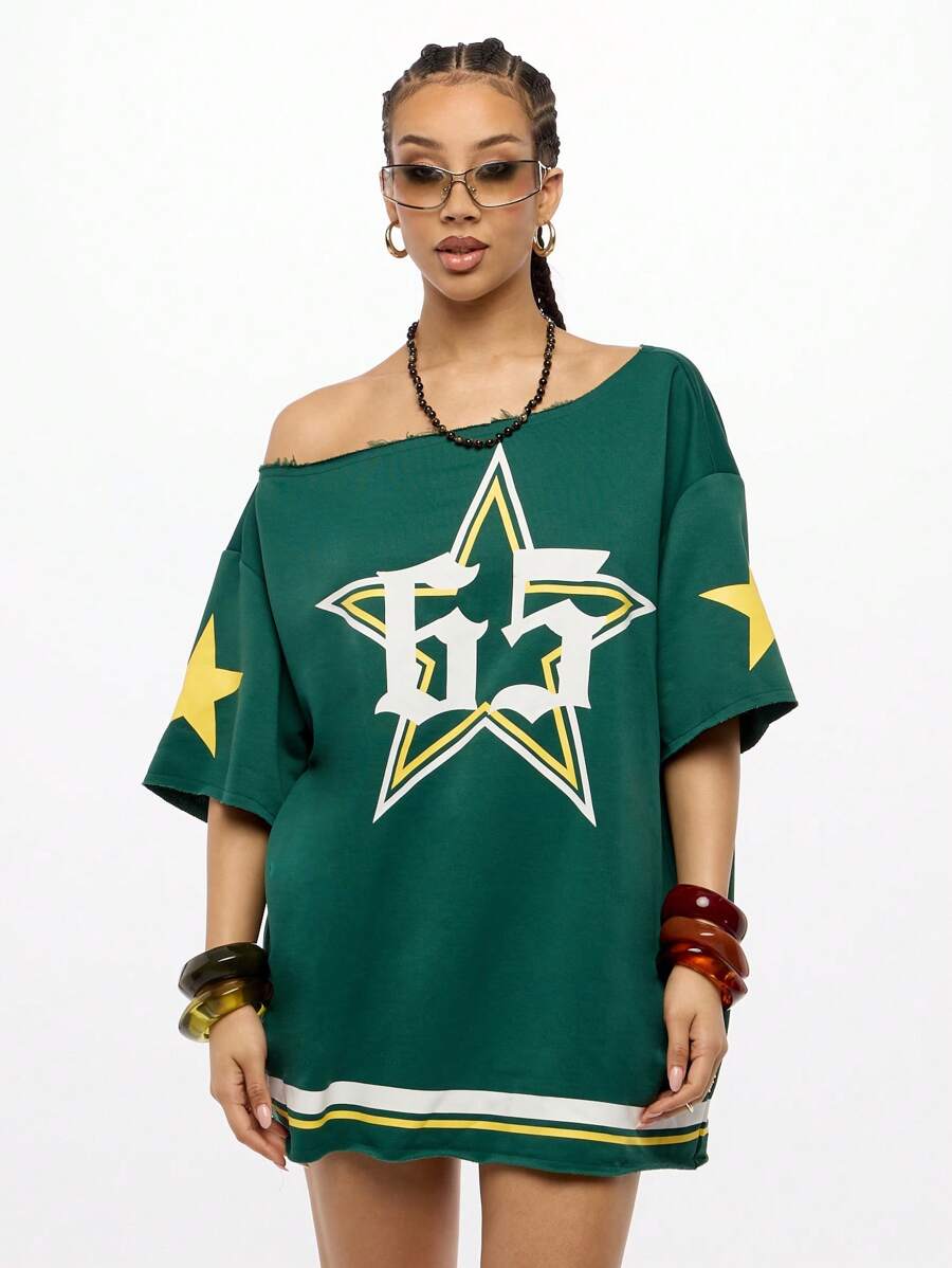 SUMWON WOMEN Oversized Sports Team Mini Dress Long T-Shirt Style Star Logo Design Off Shoulder Casual Street Style Distressed Hem Weekender Athletics Fan Apparel - Green - View 1
