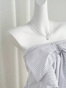 Sweetra 春夏蝴蝶结条纹修身无袖短款露肩休闲衬衫 - 白色 - 查看 4