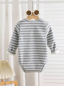 SHEIN Newborn Baby Gray Fleece Ribbed & Ribbed Bodysuit, Soft & Warm All-In-One Outfit For Boys & Girls, Casual Wear For Indoor & Outdoor - Grey - View 2