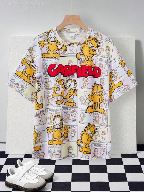 GARFIELD X SHEIN Camiseta de manga corta informal con gráfico de dibujos animados coloridos para niño preadolescente