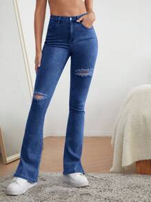 SHEIN Cottnline Cotton High Waist Ripped Slit Hem Flare Leg Jeans - Medium Wash - View 4