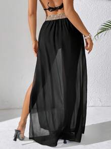 SHEIN Swim Women's Black Lace Waist Split Hem Skirt And Overlay Set, Spring/Summer - Black - View 2