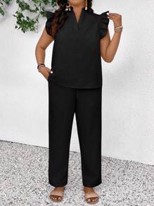 SHEIN Frenchy Plus Size Leisure Solid Color Cap Sleeve Shirt And Pants 2 Pieces Set - Black - View 4