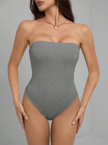 SHEIN Tall Women's Casual Grey Strapless Bodysuit: Sleeveless And Backless Design For Effortless Style - Grey - View 3