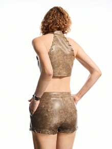 LYSMO Women's Nomadic Style Sleeveless Halter Crop Top And Low-Rise PU Shorts Set Cow Girl - Brown - View 2