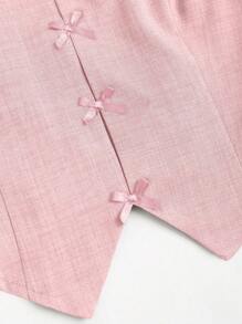 Sweetra Bộ 2 món áo yếm thắt nơ màu trơn và chân váy mini xếp ly cho nữ - Hồng - Xem 4