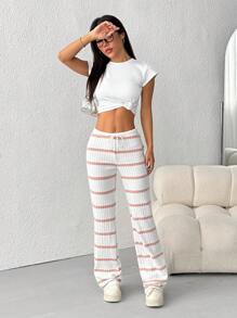 SHEIN EZwear 女式休闲条纹抽绳腰裤 - 藕粉色 - 查看 5