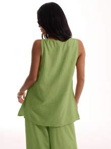 MUSERA 无袖长款亚麻质感上衣，度假海滩优雅宽松机场假日海滩婚礼宾客外出上衣，优雅春夏节日嘉年华必备。 - 橄欖綠 - 查看 2
