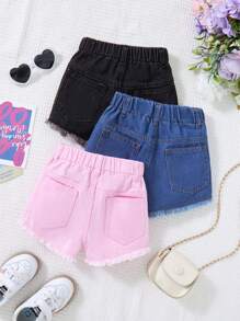 SHEIN Vintaside Kids 女婴纯色破洞下摆口袋休闲牛仔短裤 - 彩色 - 查看 2