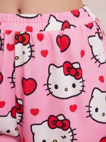 HELLO KITTY AND FRIENDS | SHEIN Women's Cute Cartoon Cat Bow Pattern White Cami Top & Pink Trousers Pajamas Set, Y2K, Sweet, Daily, Home, Leisure, Summer - Pink - View 5