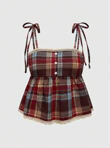 ROMWE Grunge Punk Débardeur et débardeur vintage à carreaux rouges et bruns avec décorations de nœuds et bretelles réglables. Grande taille, style universitaire et de rue