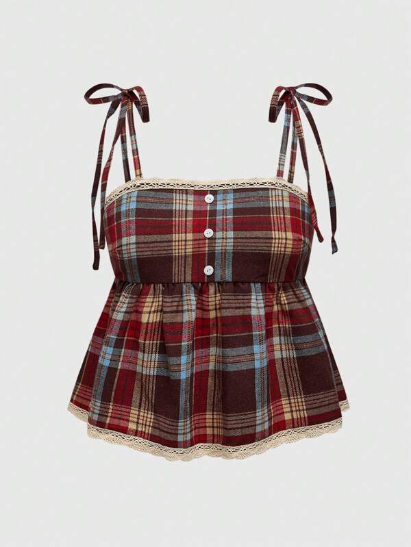 ROMWE Grunge Punk Vintage Plaid Red & Brown Adjustable Straps Bow Decor Plus Size Camisole & Tank Top, Collegiate & Street Style
