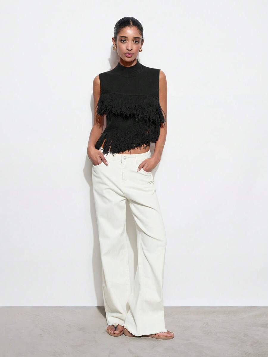 Maija Women Fashionable Solid Color Sleeveless Knit Top With Tassel Decor,Fall Women Clothes,European Summer - Black - View 1