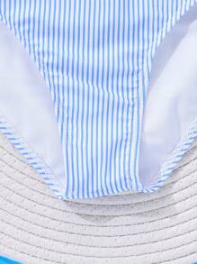 Tween Girl Swimwear Set - Blue & White Striped Spaghetti Strap Swimsuit With Double Ruffle Hem And Matching Blue & White Striped Swim Shorts, Suitable For Summer, Spring & Autumn Holiday/Beach/Water Park/Swimming, Sweet & Minimalist Urban Fashion