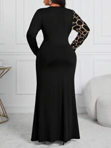 Fleurora Plus Size Women's Business Professional And Contrast Geometric Pattern Waist Fishtail Dress