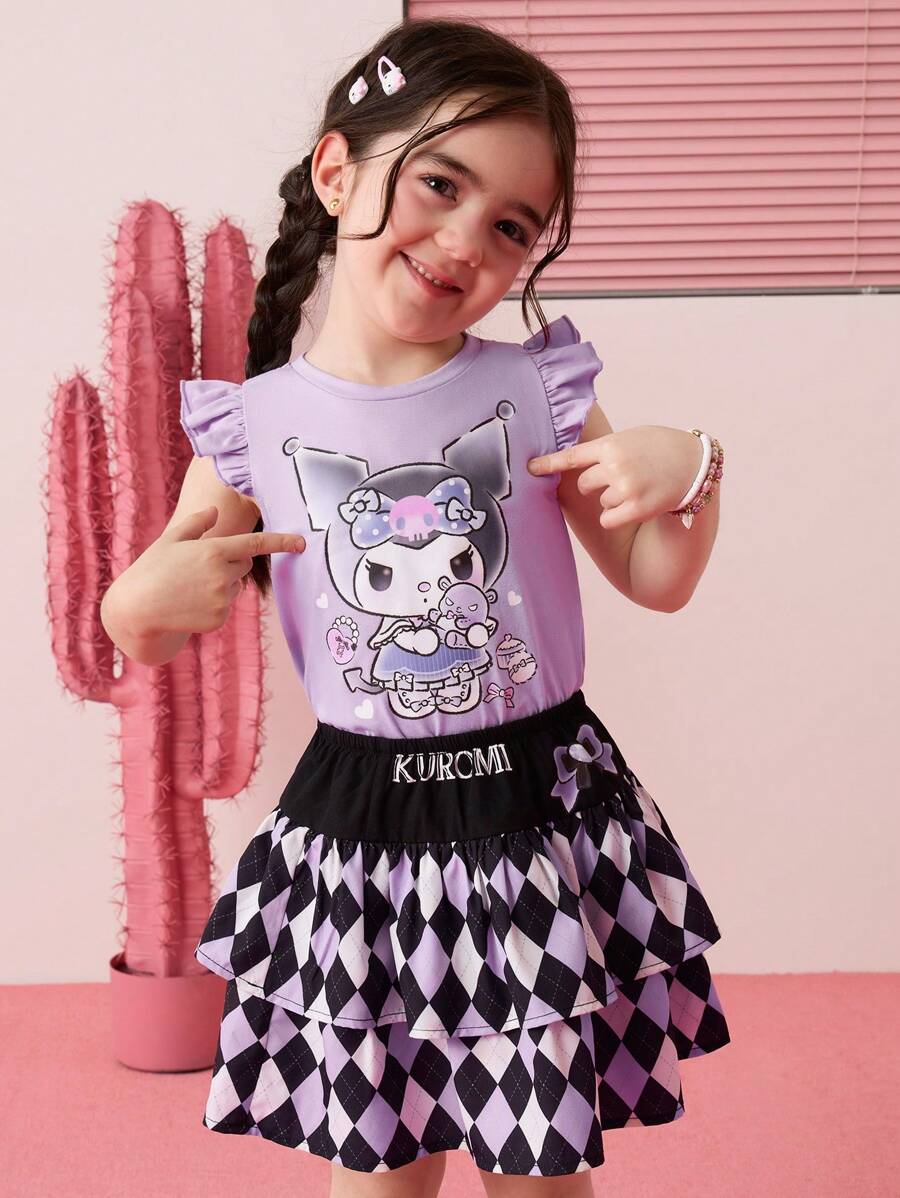 HELLO KITTY AND FRIENDS | SHEIN 少女卡通印花紫色盖袖可爱甜美盖袖T恤和黑紫色格子校裙两件套