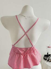 Elamini Camiseta de tirantes con volantes en el bajo a rayas para mujer - Rojo - Ver 2