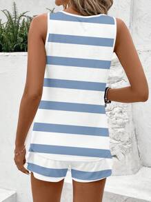 SHEIN LUNE 2pcs Set Women Plus Size Casual Striped Round Neck Sleeveless Crop Top And Shorts, Suitable For Summer - Blue and White - View 2