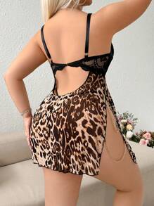 SHEIN 2 件套蕾丝对比网眼加大码无钢圈内衣套装：睡裙和丁字裤 - 彩色 - 查看 2