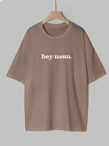 INAWLY Áo thun cổ tròn rộng rãi họa tiết chữ thường ngày cỡ lớn dành cho nữ, mùa hè - Màu Khaki - Xem 4