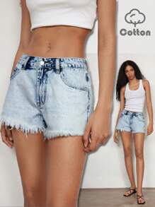 Maija Women's Washed Blue Denim Frayed Hem Shorts - Light Wash - View 1