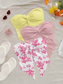 Soleia 3pcs Floral Printed Summer Casual Vacation Tops Set For Women Spring,Rave Top Suitable For Going Out - Multicolor - View 1