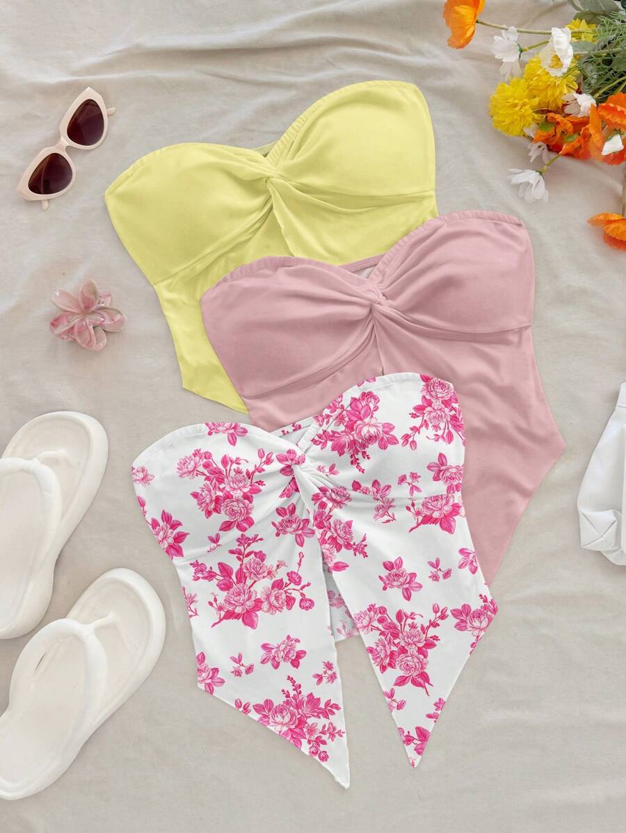 Soleia 3pcs Floral Printed Summer Casual Vacation Tops Set For Women Spring,Rave Top Suitable For Going Out - Multicolor - View 1