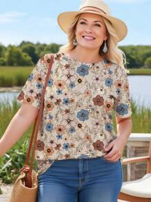 SHEIN LUNE Casual Minimalist Allover Print Round Neck Short Sleeve Loose Fit Plus Size T-Shirt, Suitable For Summer Suitable For Going Out - White - View 1