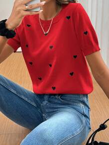 SHEIN Frenchy 女士针织心形图案圆领短袖毛衣，简约时尚 - 紅色 - 查看 5