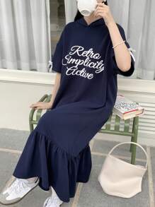 SHEIN Leap Crew Teen Girl Collegiate Letter Pattern Ruffle Hem Hooded Casual Dress - Navy Blue - View 1