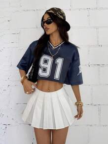 StreetHx 女式休闲宽松数字印花 V 领短袖 T 恤上衣，春夏 - 藏蓝色 - 查看 1