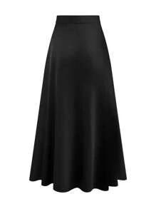 SHEIN PETITE 大码女式优雅多用途黑色缎面裙子，长裙，青春时尚 - 黑色 - 查看 2