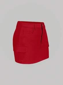 SHEIN MOD 女士牛仔迷你裙，简约时尚，适合夏季，纯色 - 紅色 - 查看 5