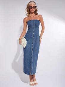 COSMINA 女士优雅牛仔抹胸连衣裙，春夏 - 藍色 - 查看 4