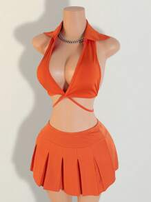 BamGleam 女士纯色无袖吊带上衣和裙子套装 - 橘色 - 查看 4