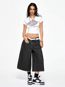 ROMWE Grunge Punk Jeans de mezclilla de talle bajo, holgados, de estilo callejero vintage con bordado de vid y cruz - Negro - Ver 2