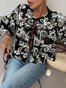 Serisse 女士休闲长袖衬衫，带结饰、荷叶边下摆和刺绣