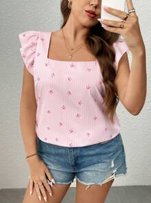 SHEIN Unity Plus Size Women Striped Bowknot Print Square Collar Ruffle Sleeve Blouse - Pink - View 5